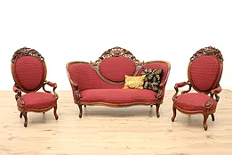 Victorian Carved Rosewood Antique 3pc Sofa & Chairs Set #43660