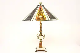 Art Deco Antique Stained Glass Office or Library Lamp, Onyx Base #42656