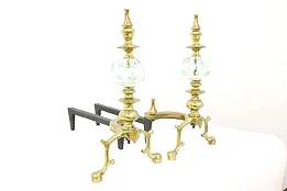 Pair of Vintage Brass & Glass Paperweight Fireplace Hearth Andirons #44603