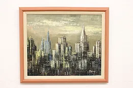 City Skyline at Twilight Midcentury Modern Original Painting, Henri Berte #44577