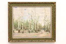 White Birch Forest in Winter Vintage Original Oil Painting, Signed 38" #44645