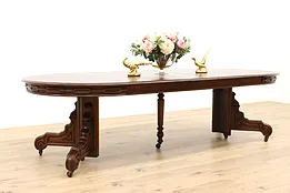 Victorian Antique 48" Carved Walnut Dining Table, 5 Leaves Extends 9' #44507