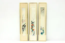 Set of 3 Asian Vintage Original Bird Watercolor Paintings, Signed 26.5" #45293
