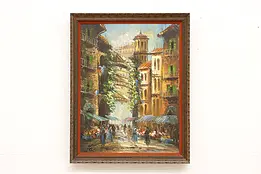 City Flower Market Vintage Original Oil Painting Signed 27.5" #45344