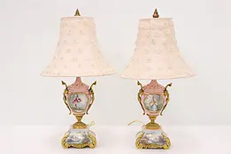Pair French Antique Sevres Porcelain & Bronze Boudoir Lamps #44810