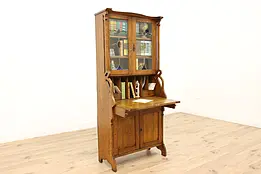 Oak Antique Drop Front Secretary Desk, Bookcase Leaded Glass #45598