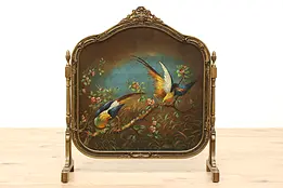 Hand Painted Birds Antique Faux Leather Fireplace Screen #45827