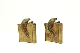 Pair of Antique Bronze Clad Parrot & Book Bookends #45325