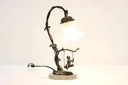 Art Nouveau Antique Brass & Marble Desk Lamp, Angel on Swing #45620