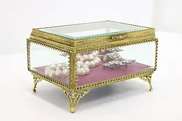 Beveled Glass & Gold Plated Filigree Vintage Jewelry Box #45648