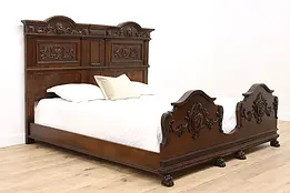 Renaissance Antique Carved Walnut Italian King Size Bed #47296