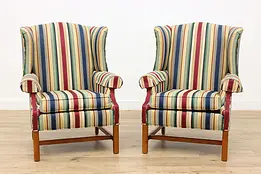 Pair of Ethan Allen Vintage Striped Library Wing Chairs #47642