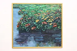 Flowers & Pond Vintage Original Oil Painting, Felton 56.5" #46679