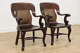 Pair of Empire Design Antique Carved Oak & Leather Chairs #47334