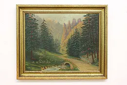 Mountain & Sheep Vintage Original Oil painting, Signed 44" #47582