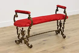 Victorian Antique Curved Iron Hall Bench, Velvet, Arms #48061