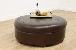 Traditional Vintage Brown Leather Round Ottoman Stool Smith #48122
