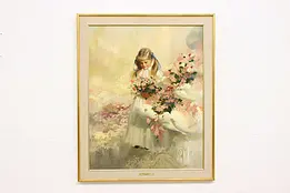 Child & Flowers Vintage Original Oil Painting Zolan 34.5" #47762