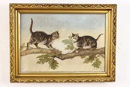Pair of Kittens Playing Antique Original Oil Painting 19.5" #48412