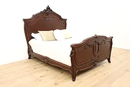 French Antique Carved Walnut Full Size Bed, Roses #48681