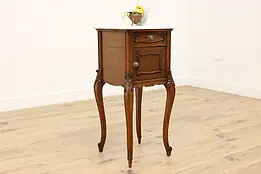 French Antique Carved Oak & Marble Top Nightstand End Table #48550