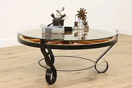 Farmhouse Antique Wagon Wheel w/ Glass Top Coffee Table #48668