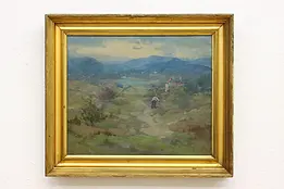 Mountain Farm Antique Original Oil Painting, Signed 23.5" #49128