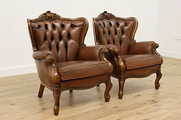 Pair of Rococo Design Vintage Carved & Leather Chairs, D.B.F #47297