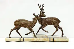 Art Deco Antique Pair of Stags Sculpture, Marble, Signed #48744