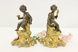 Pair of Antique French Cast Brass Cherub Sculptures #48046