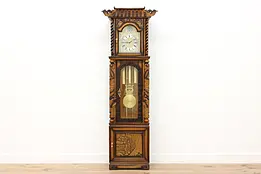 Chinese Vintage Carved Teak Tall Case Grandfather Clock #47548