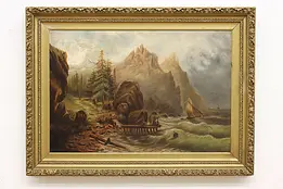 Stormy Harbor Antique Victorian Original Oil Painting 50" #49343