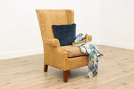 Wicker & Leather Vintage Patio Sunroom Wing Chair, Palecek #49713