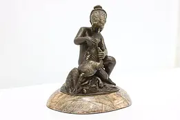 Bronze Vintage Statue Girl & Dog Sculpture, Marble Base #49441