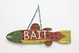 Farmhouse Vintage Folk Art Carved & Painted Fish Bait Sign #48937