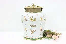 Chinese Vintage Porcelain Jar, Brass Lid, Hand Painted Birds #49692