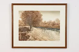 Creek with Trees Vintage Lithograph Print, Signed 32" #49992