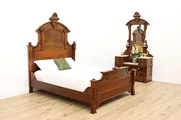 Victorian Antique 2 Pc Carved Walnut Bedroom Set, Queen Size #48646