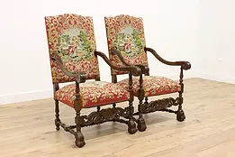 Pair of Renaissance Antique Carved Chairs, Needlepoint #49948