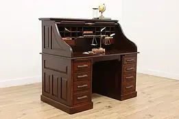 Victorian Carved Oak Antique Roll Top Office or Library Desk #50022