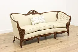 French Design Vintage Carved Sofa or Couch, Leather, Birds #50116