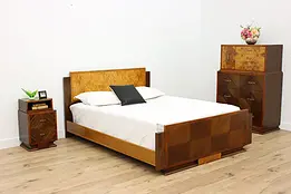 Art Deco Vintage 3 pc Elm Burl Bedroom Set, Queen Size Bed #49963
