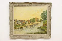 European City on Riverbank Vintage Oil Painting, Warner 45" #50194