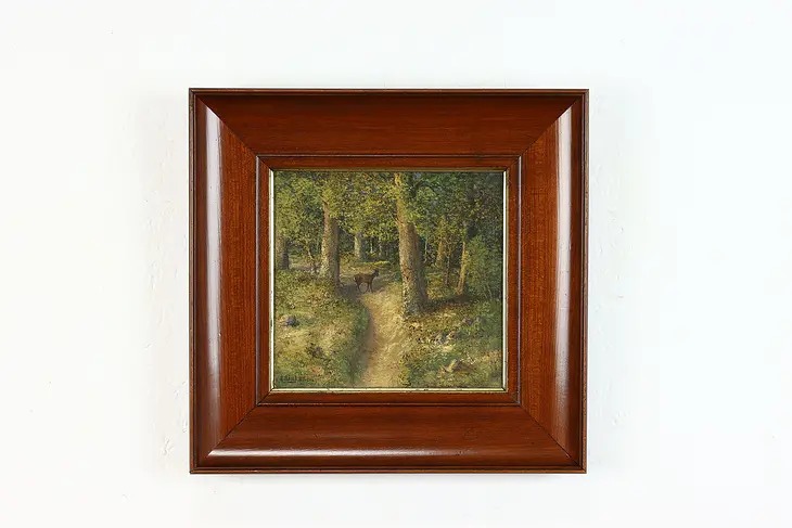 Wooded Landscape with Deer German Antique Original Oil Painting Remi 14" #39927