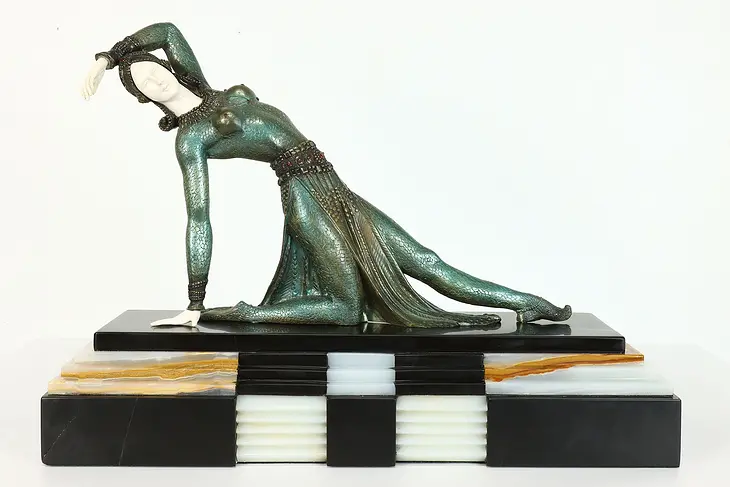 Art Deco French Bronze Sculpture of Dancer with Skirt Onyx Base, Chiparus #39496