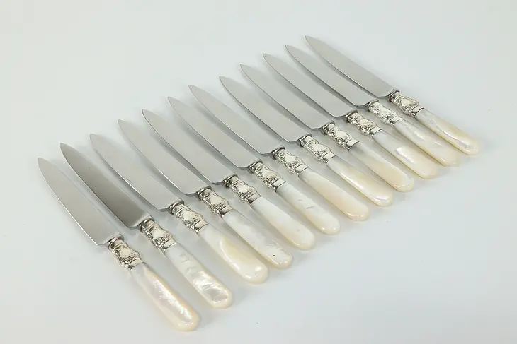 Set of 12 Silverplate & Mother of Pearl Handle Fruit or Cheese Knives #39812