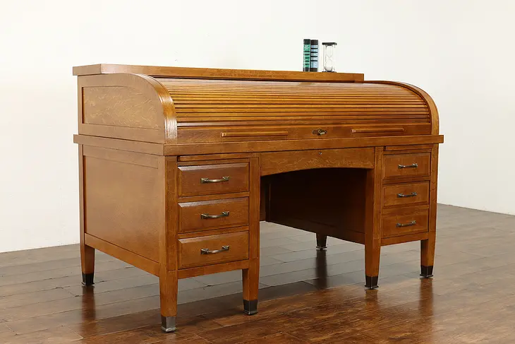 Oak Antique C Shape Roll Top Office or Library Desk, Brass Feet #39648
