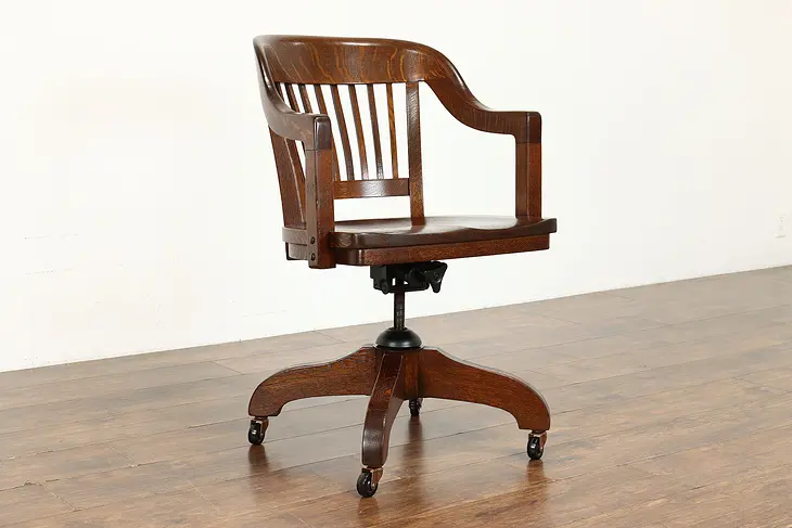 Oak Vintage Adjustable Swivel Office or Library Desk Chair, Gunlocke NY #38607