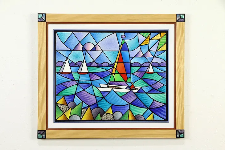 Sailboats Original Acrylic Painting, Custom Exotic Wood Frame, Bodden #33135