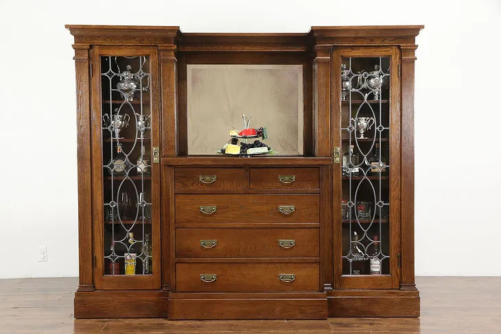 Oak Antique Sideboard China Cabinet, Back Bar, Leaded Glass Doors #36207